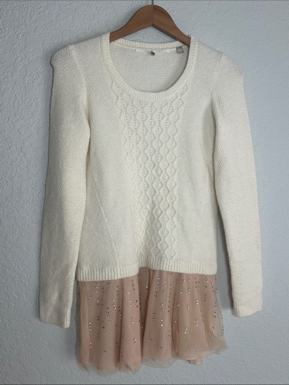 Anthropologie Knotted Knitted Cream Cable Knit Sweater Fairy Tulle Hem Sequins
